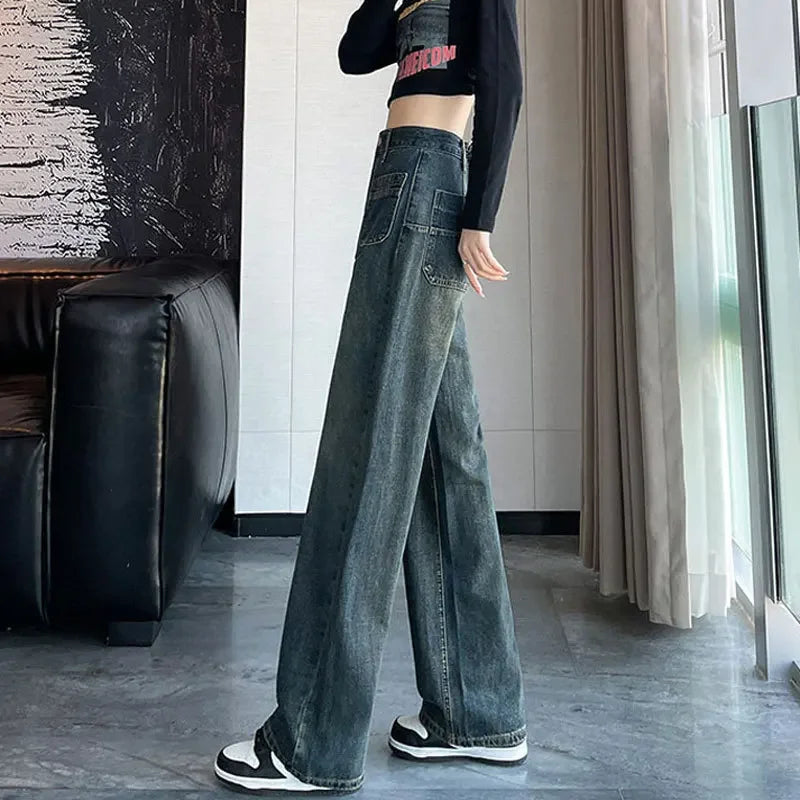 American Style High-waisted Wide-leg Jeans Grey Concrete Pocket Design Unique Straight-leg Pants For Women Petite Drag Trousers
