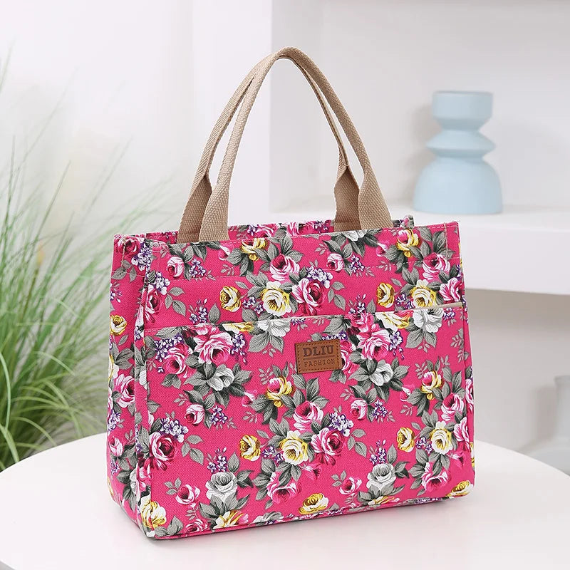 Fashion Floral Print Tote Bag, Portable Canvas Lunch Bag, Women's Casual Handbag & Bento Mommy Bag For Picnic Travel