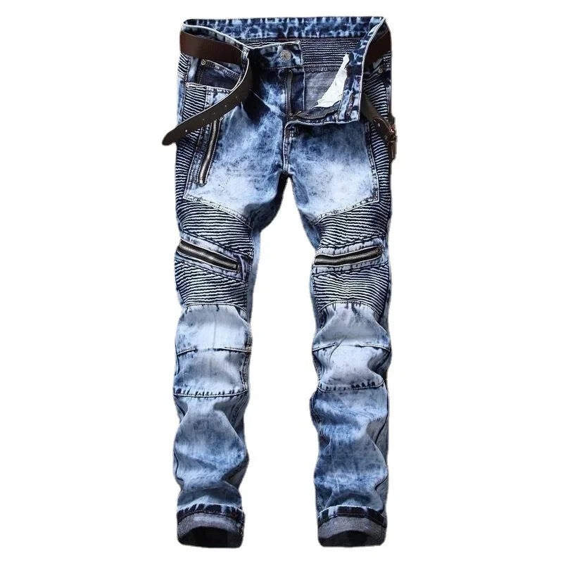 Denim Straight Ankle Length Pants Men Jean Washed Vintage Loose Fit Jeans Print Pockets High Street Spliced Distressed 2025