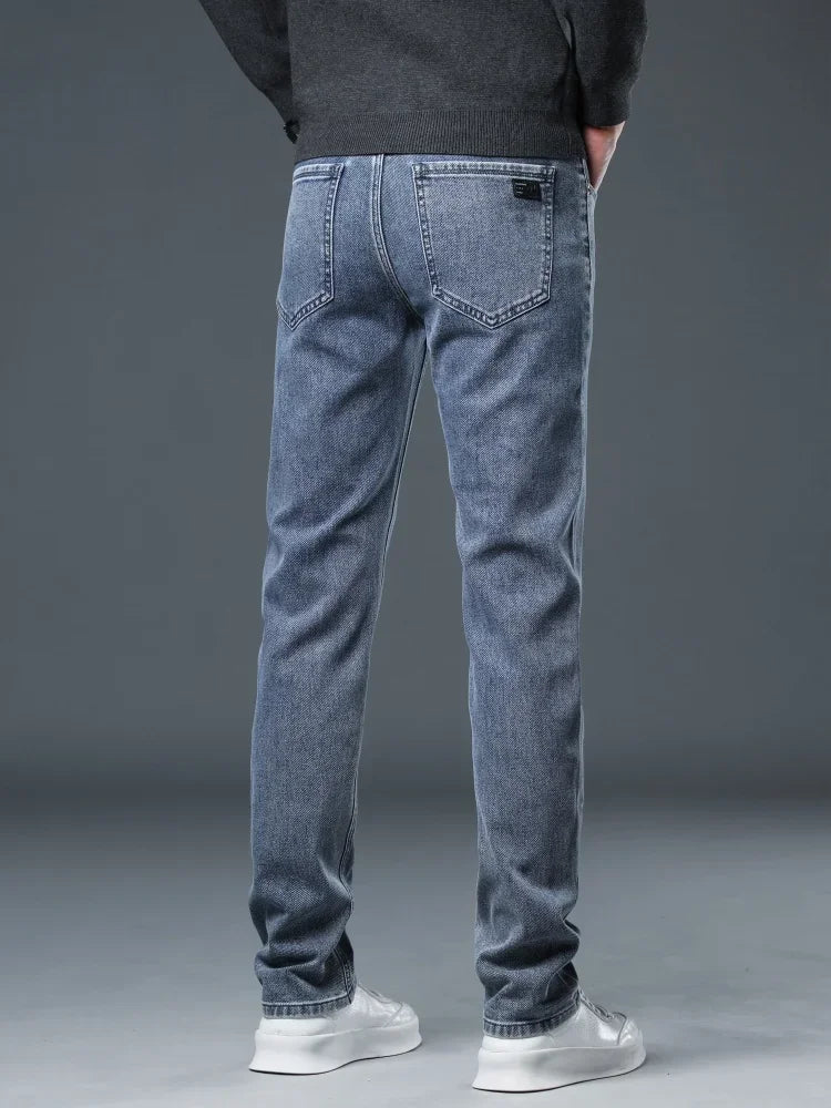 2025 New Autumn Men's Stretch Slim Jeans Straight Leg Casual Denim Trousers Male Business High Quality Classic Blue Gray Black