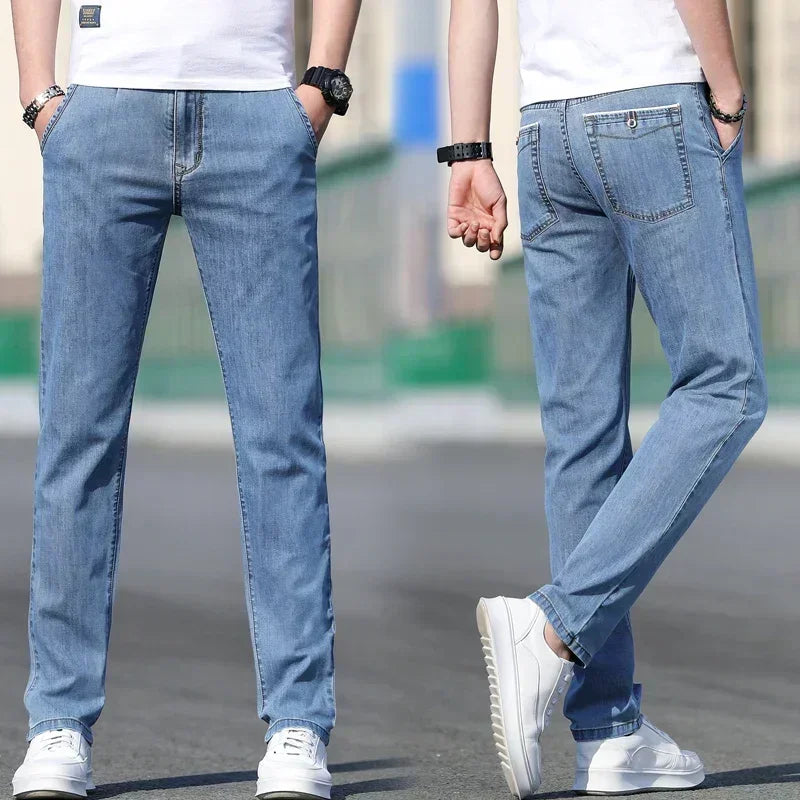 Thin Men's Baggy Soft Casual Jeans Gray Summer Fashion Versatile Comfortable Stretch Straight Casual Jeans Light Blue Male