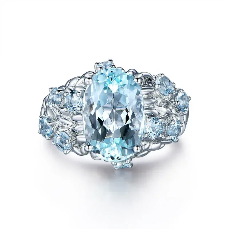 Fashionable 925 silver ring blue blue stone topaz finger ring retro ring men and women wedding ring party accessories