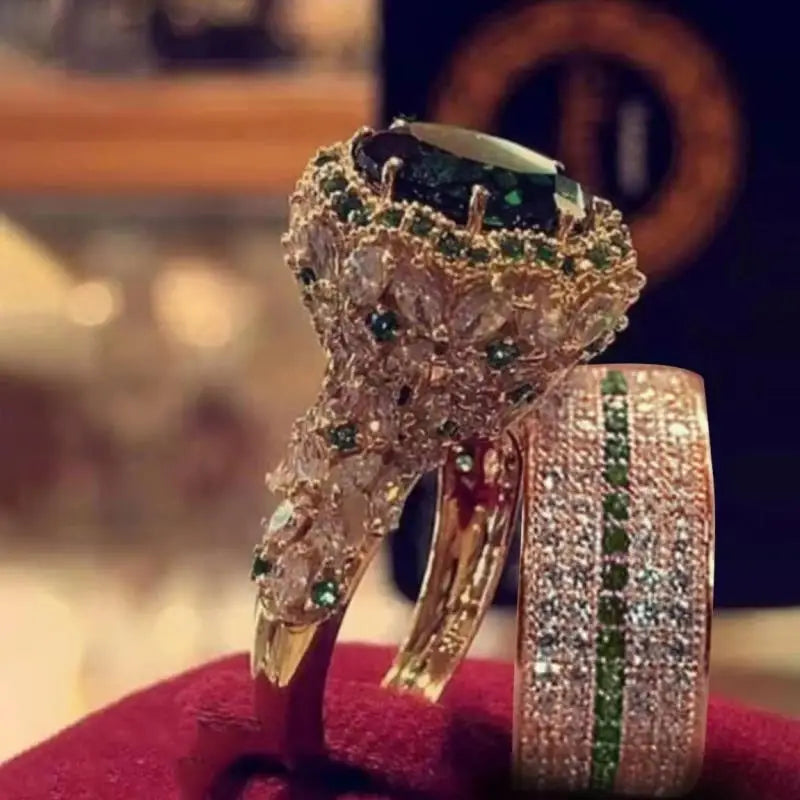 Elegant Gold Color Hip Hop Ring for Women Fashion Inlaid Zircon Red Stones Wedding Rings Set Party Bridal Engagement Jewelry