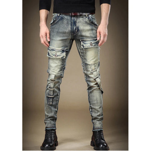 2024 Men's Jeans Stretch Vintage Washing Drak Blue Denim Pants Autumn Summer Luxury Street Hip-Hop Style Slim Fit Men Trousers