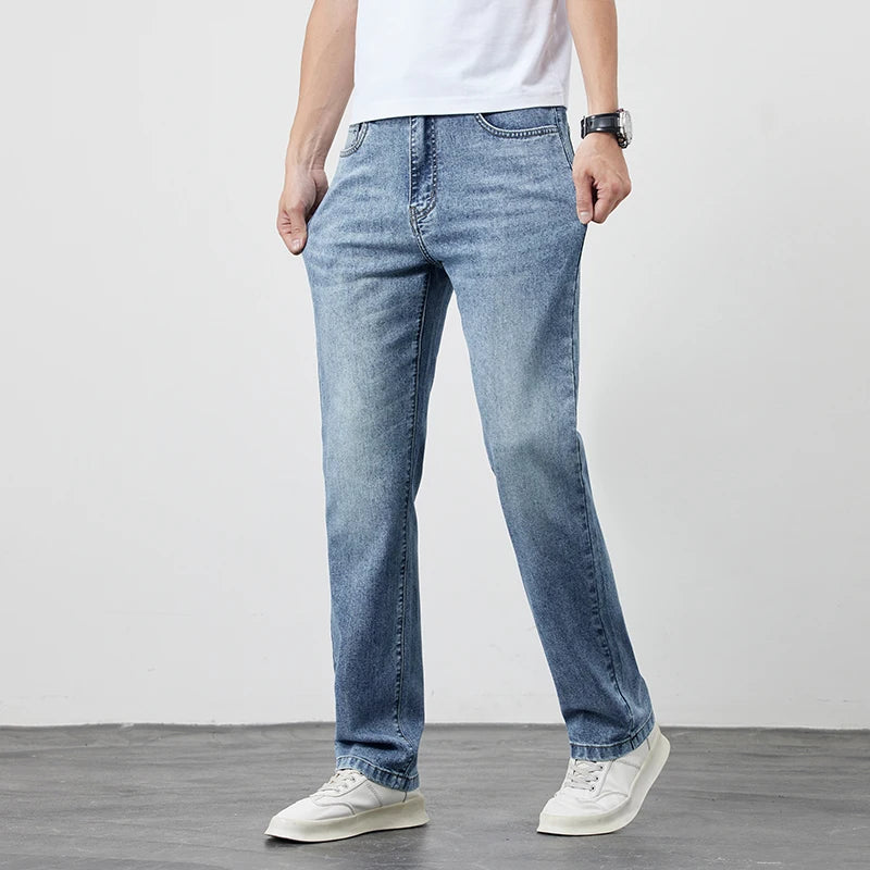 2025 high quality Jeans Men Baggy Pants Summer Straight Cut Loose Retro Blue Denim Pants Streetwear Fashion Pockets Vintage Man