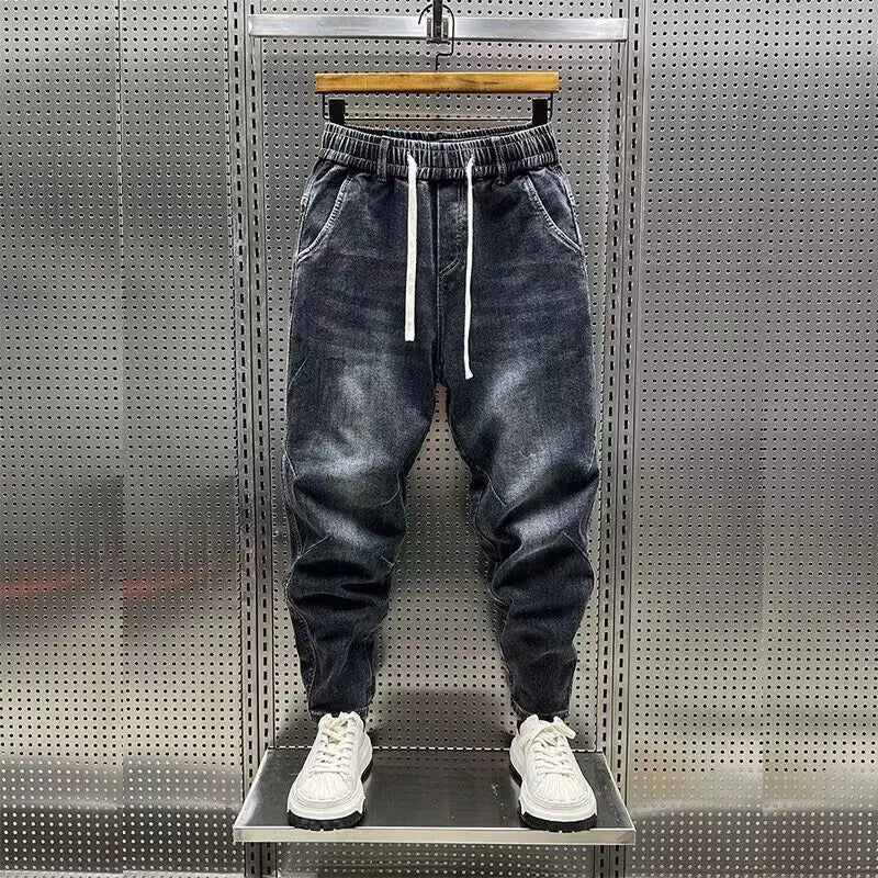 High Quality New 2024 Luxury Designer Casual Loose Drawstring Denim Jeans Men Full Length Wide Leg Streetwear Cowboy Harem Pants