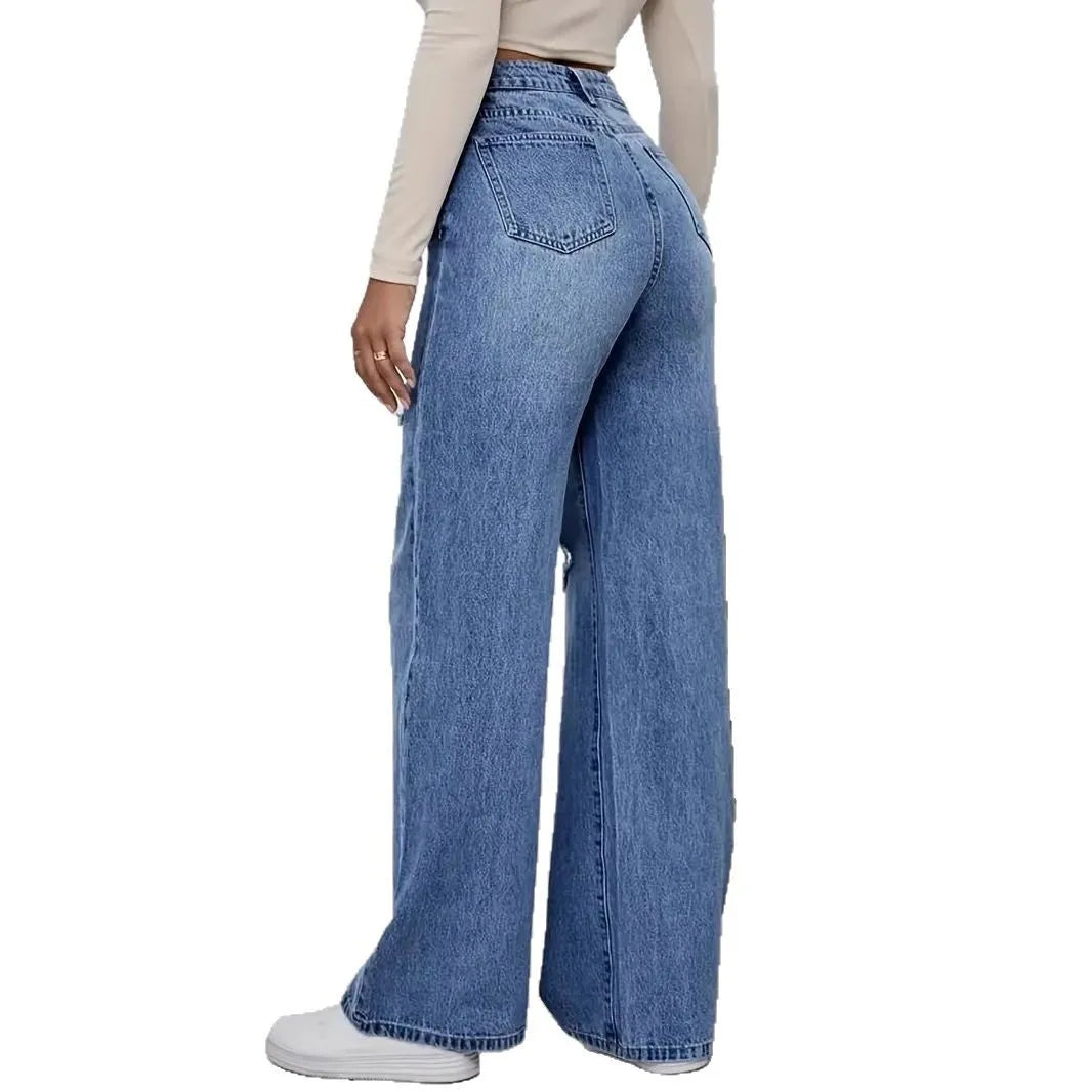 Hole Jeans Women Denim Wide Leg Pants Vintage Distressed Ripped Trousers 2025 Streetwear High Waist Washed Pockets Floor Length