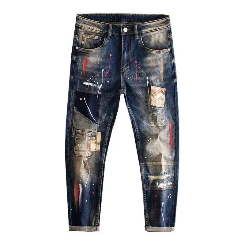 2024 Spring and Autumn New Fashion Trend Printed Straight Leg Stretch Jeans Men's Casual Loose Comfortable High Quality Pants