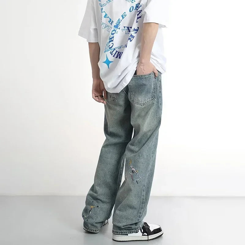 2024 New Men's Graffiti Embroidered Baggy Jeans Retro Straight-leg Denim Trousers High Street Distressed Y2K Jean pantalones