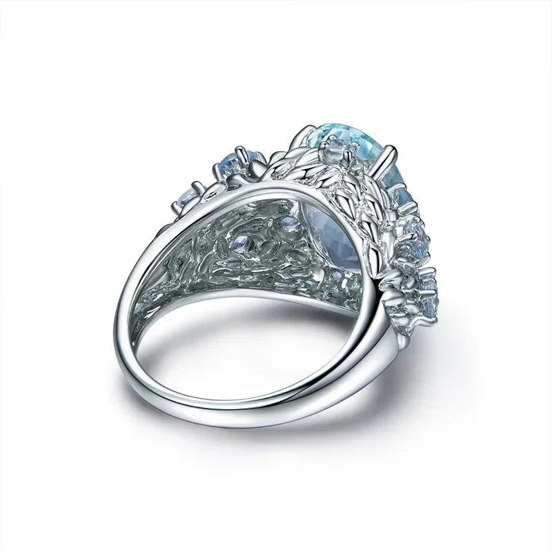 Fashionable 925 silver ring blue blue stone topaz finger ring retro ring men and women wedding ring party accessories