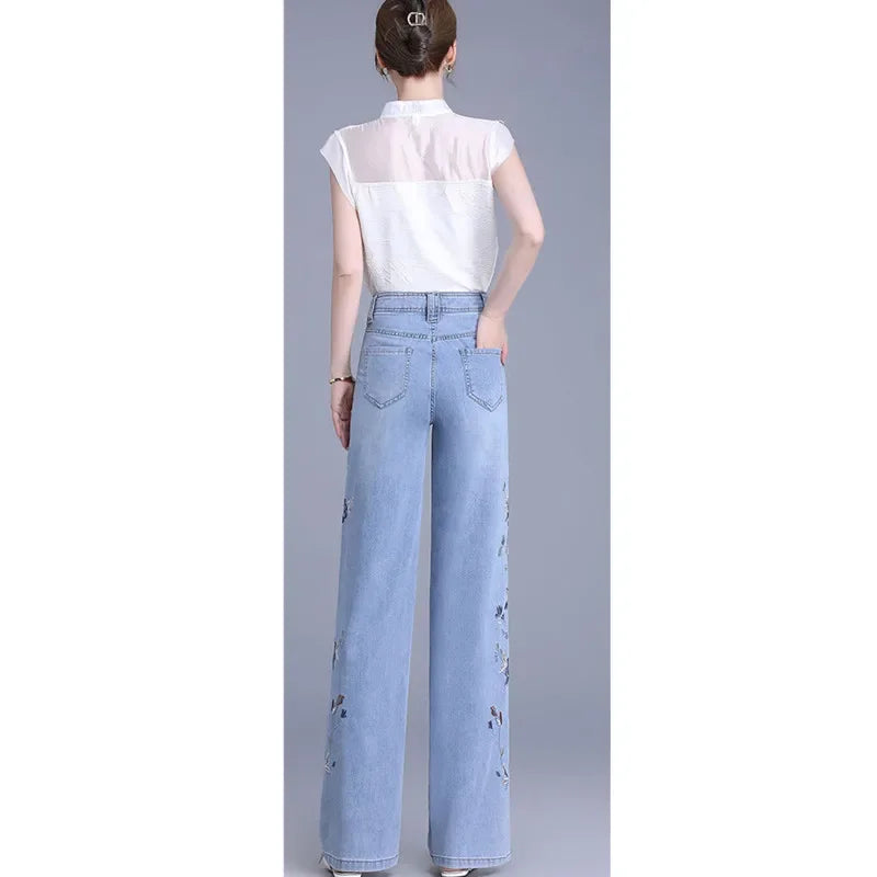 Light Blue Chinese Style Embroidery Wide Leg Jeans for Women with High Waist To Show Thin and Smooth, Soft Silk Material Jeans