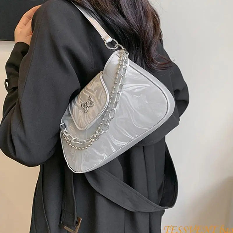 Fashionable Handbag Retro PU Leather Shoulder Bag with Butterfly Designs for Women Korean Solid Color Underarm Purse F42A