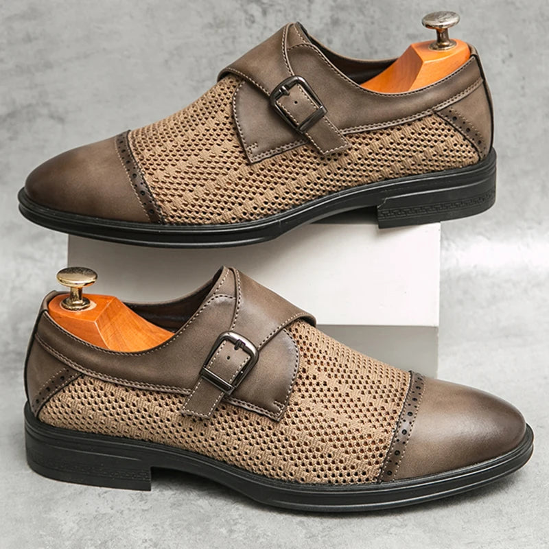 New Designer Men's Breathable Mesh Patchwork Patent Leather Shoes Male Summer Formal Wedding Dress Homecoming Monk Strap Loafers