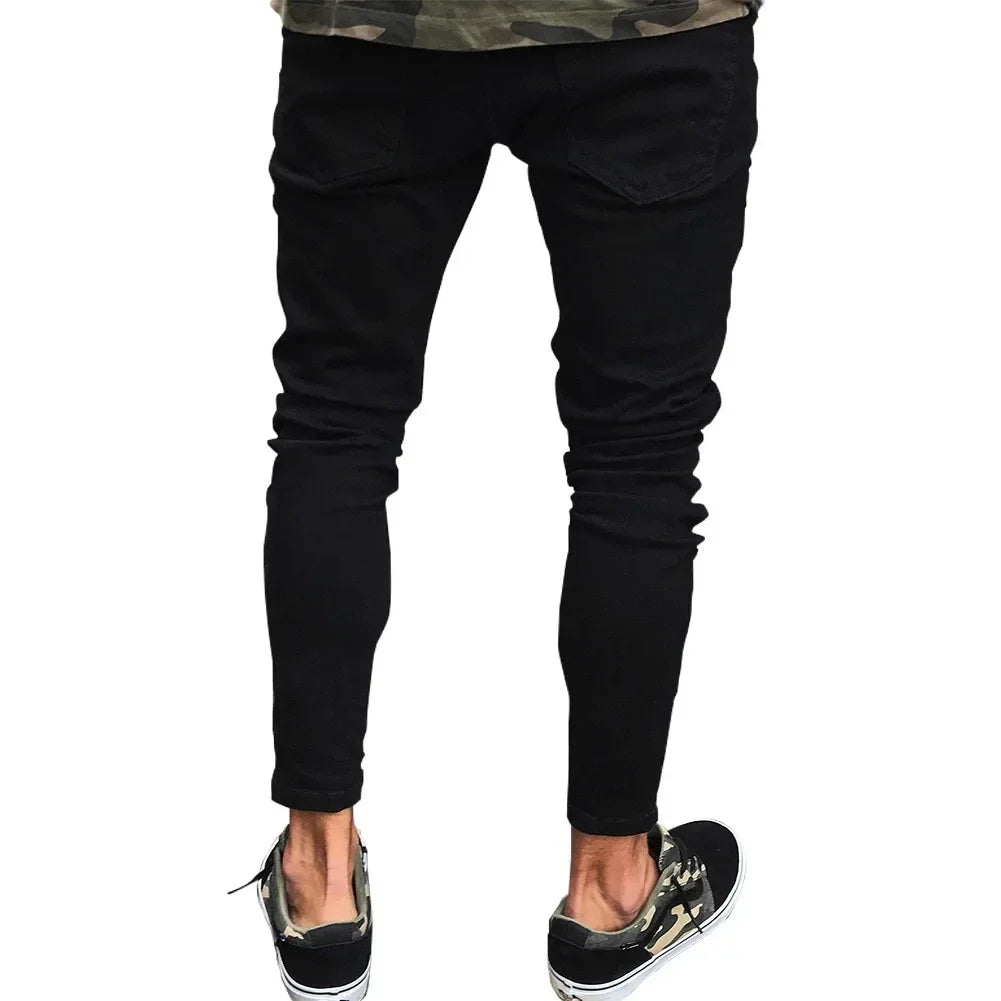 Punk Street Style Ripped Skinny Jeans Men Vintage Wash Solid Denim Trouser Mens Casual Slim Fit Pencil Denim Holes Pants 2025