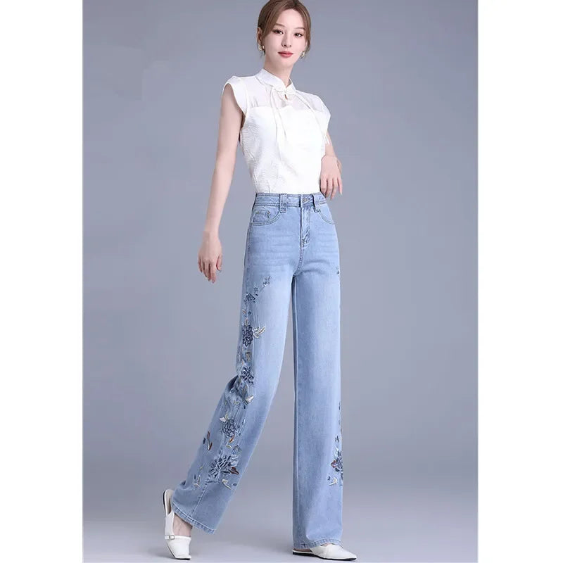Light Blue Chinese Style Embroidery Wide Leg Jeans for Women with High Waist To Show Thin and Smooth, Soft Silk Material Jeans