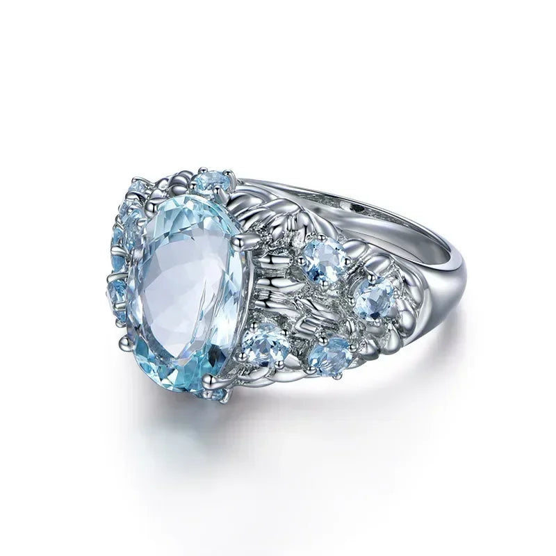 Fashionable 925 silver ring blue blue stone topaz finger ring retro ring men and women wedding ring party accessories