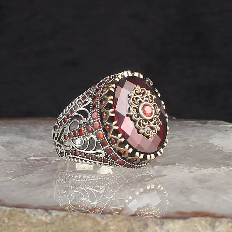 Retro Handmade Turkish Signet Rings for Men Ancient Silver Color Carved Pattern Ring Red Zircon Inlay New Punk Motor Biker Ring