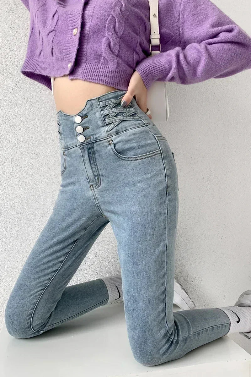 Skinny Pencil Y2K Jeans Four Buttons Vintage High Waist Women Slim Stretch Denim Pants Tight Trousers 2025 Women's Denim Pants