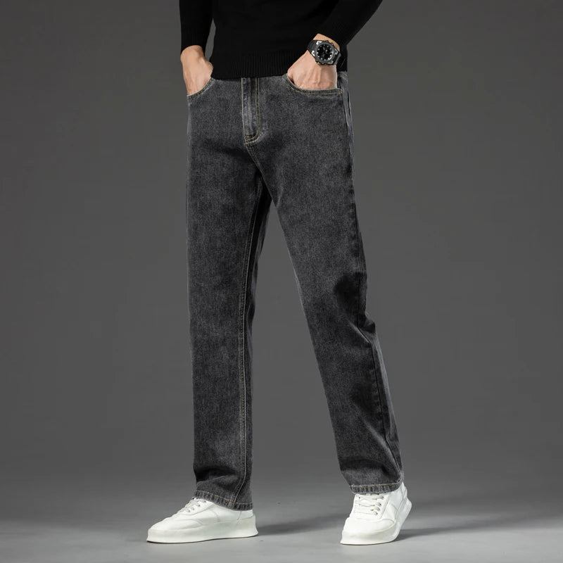 Autumn Men's Dark Blue Straight-leg Brand Jeans Classic Style Business Casual Cotton Stretch Denim Pants Male Plus Size 40 42 44