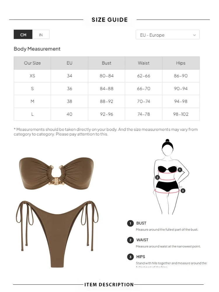 Solid O Ring New Swimsuit For Women Tie Side Shiny Metal Hardware Ring Bandeau Bikini Swimwear Padded Bra Top Low Waisted