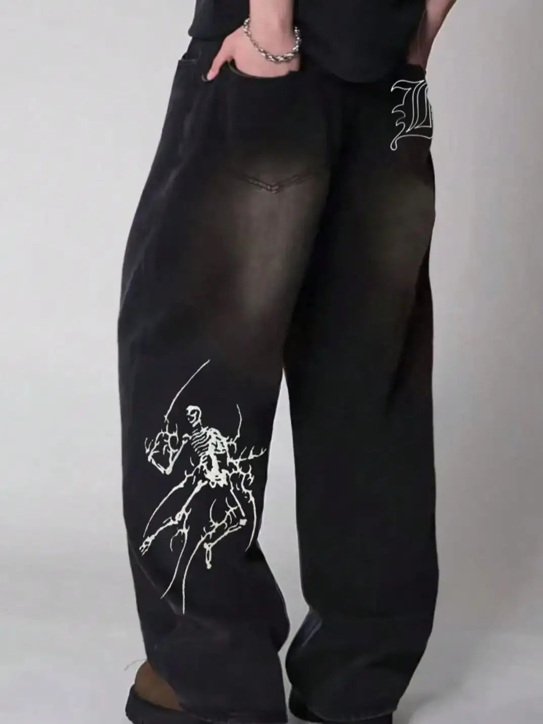 Men's Hip Hop Anime Pattern Black Loose Wide Leg Jeans American Trend Retro Gothic Men Woman Wide-Leg Pants Streetwear