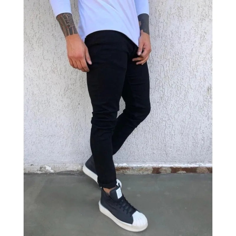Spring Autumn New Black Stretch Men's Jeans Slim Small Feet Casual Simple Solid Color Male Skinny Denim Trousers Streetwear