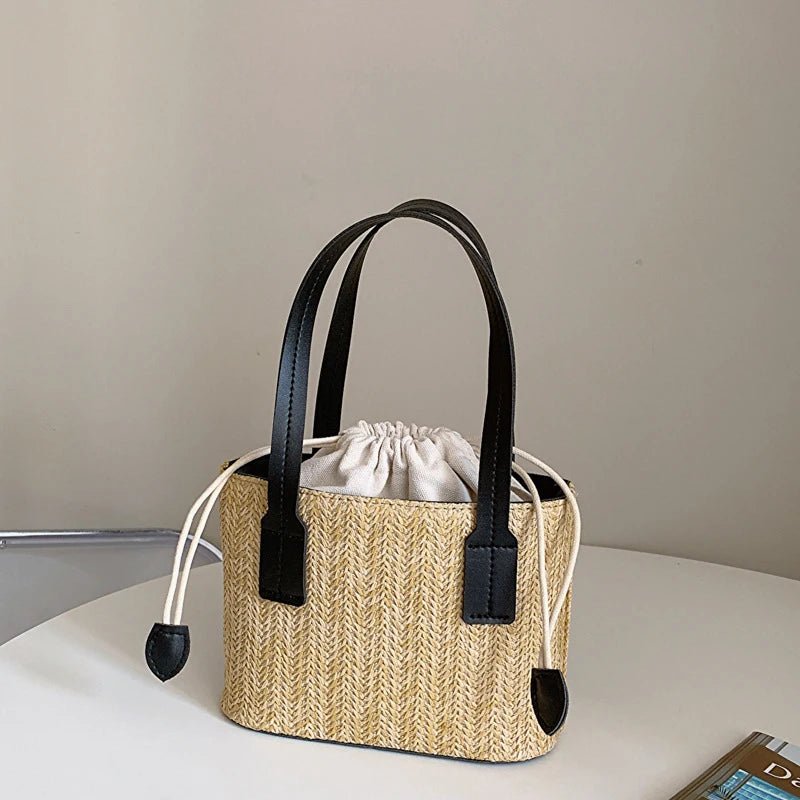 Women's Leisure Grass Woven Handbag Drawstring Bucket Shoulder Crossbody Bag FemaleTravel Bohemian Vacation Beach Bag