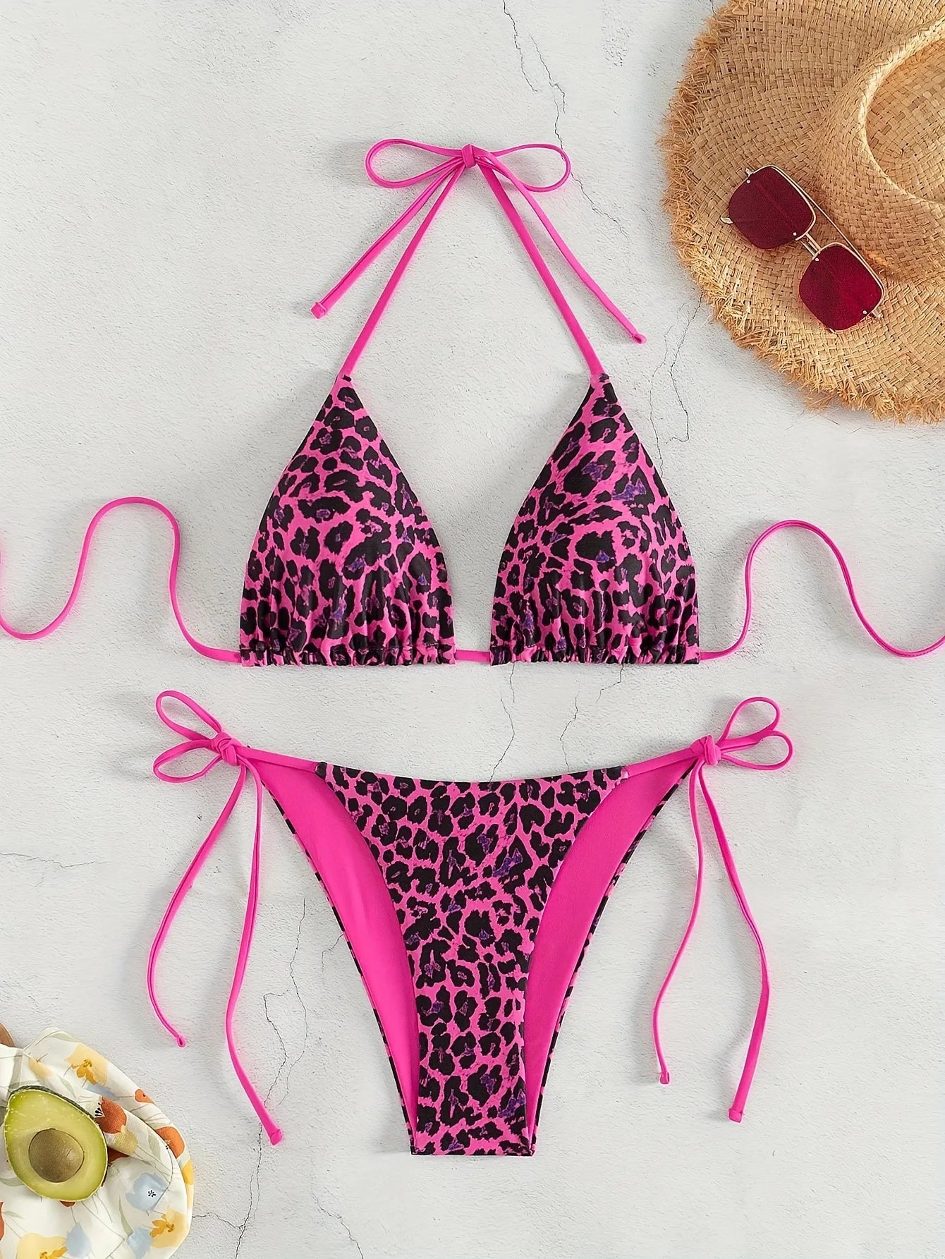 Sexy Leopard Print Two Piece Swimsuit Set Triangle Bra Suspender Halter Backless Bikini Set Beach Vacation Lace-up Swimwear 2025
