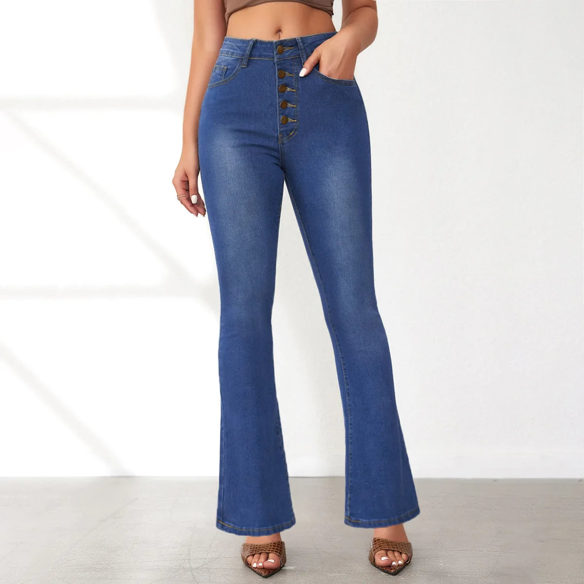 Fashionable Buckle Design Slim-fitting Micro Flared Jeans. Four Seasons New Simple Comfortable Elastic High-waisted Jeans Women