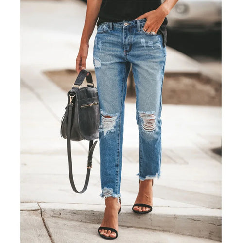 Washed Ripped Straight-leg Jeans. Four Seasons New Fashionable, Personalized, Casual and Comfortable 9-inch Jeans for Ladies
