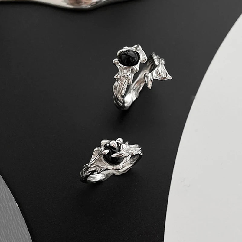 Gothic Irregular Gemstone Ring Aesthetic Girls Adjustable Black Stone Ring Women's Liquid Punk Ring Vintage Jewelry Accessories