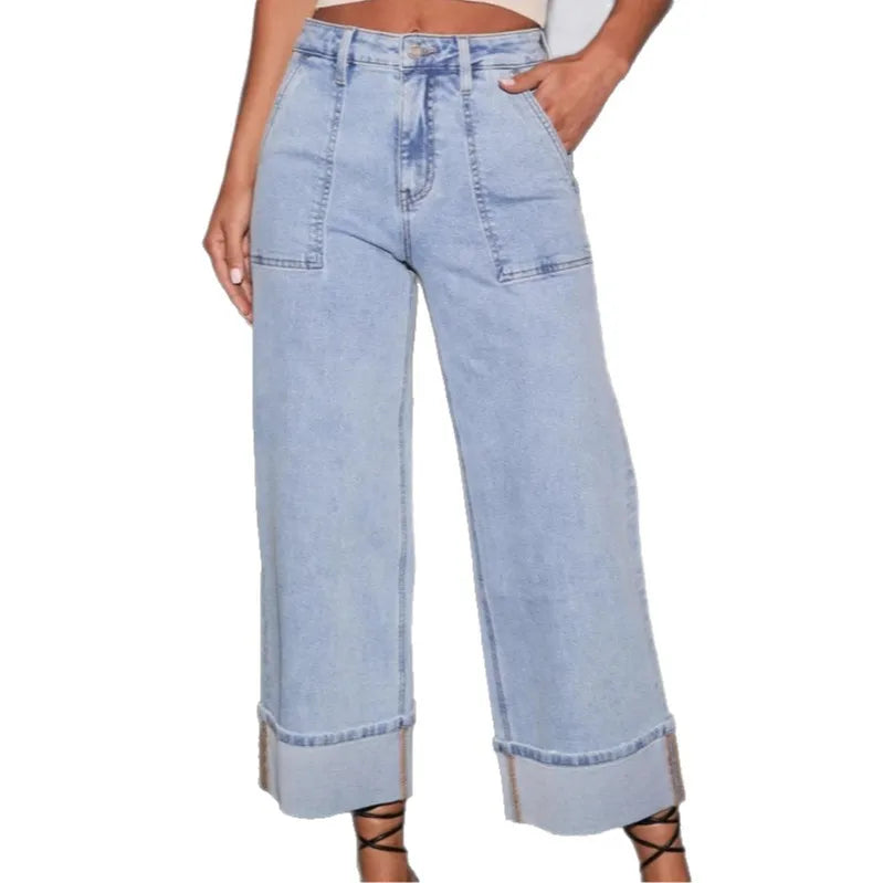 2025 Four Seasons New Stretch Jeans, Washed High-waisted Jeans, Fashionable, Casual, Trendy, Versatile Wide-leg Pants for Women