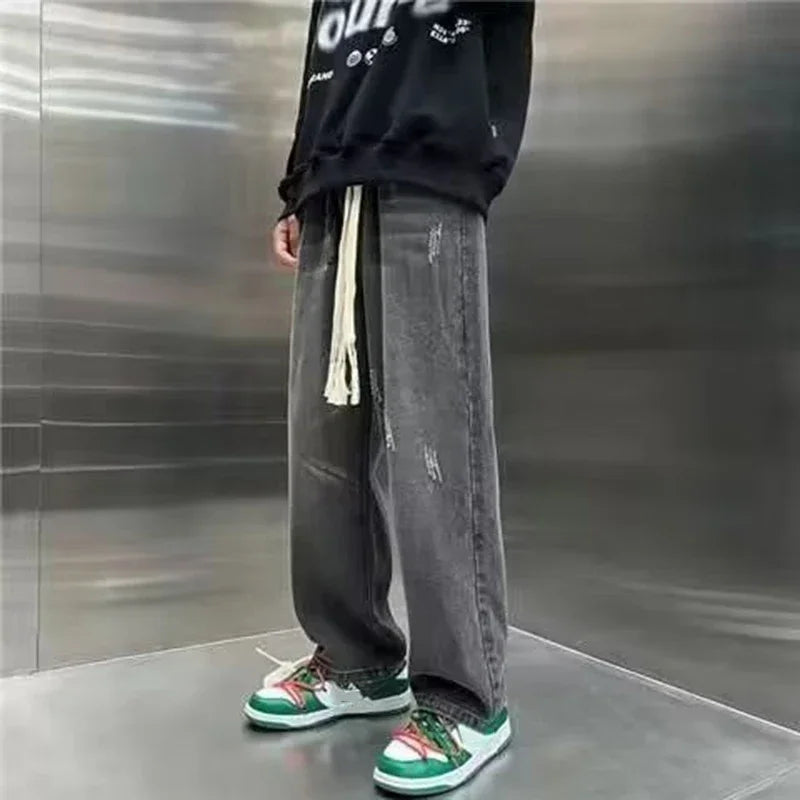 Men's Fashion Versatile Wide Leg Denim Pants Korean Concise Style Streetwear Trousers Lace Up Design Straight Casual Jeans Male