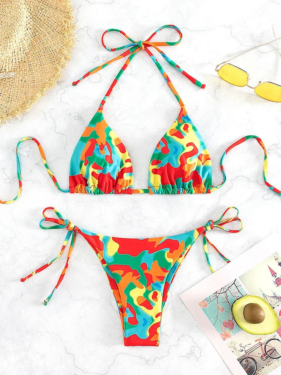 Tie Dye Micro Bikini 2025 Women Swimsuit Female Swimwear Thong Bathing Suits Sexy Bikinis Sets Lace Up Brazilian Halter Biquini