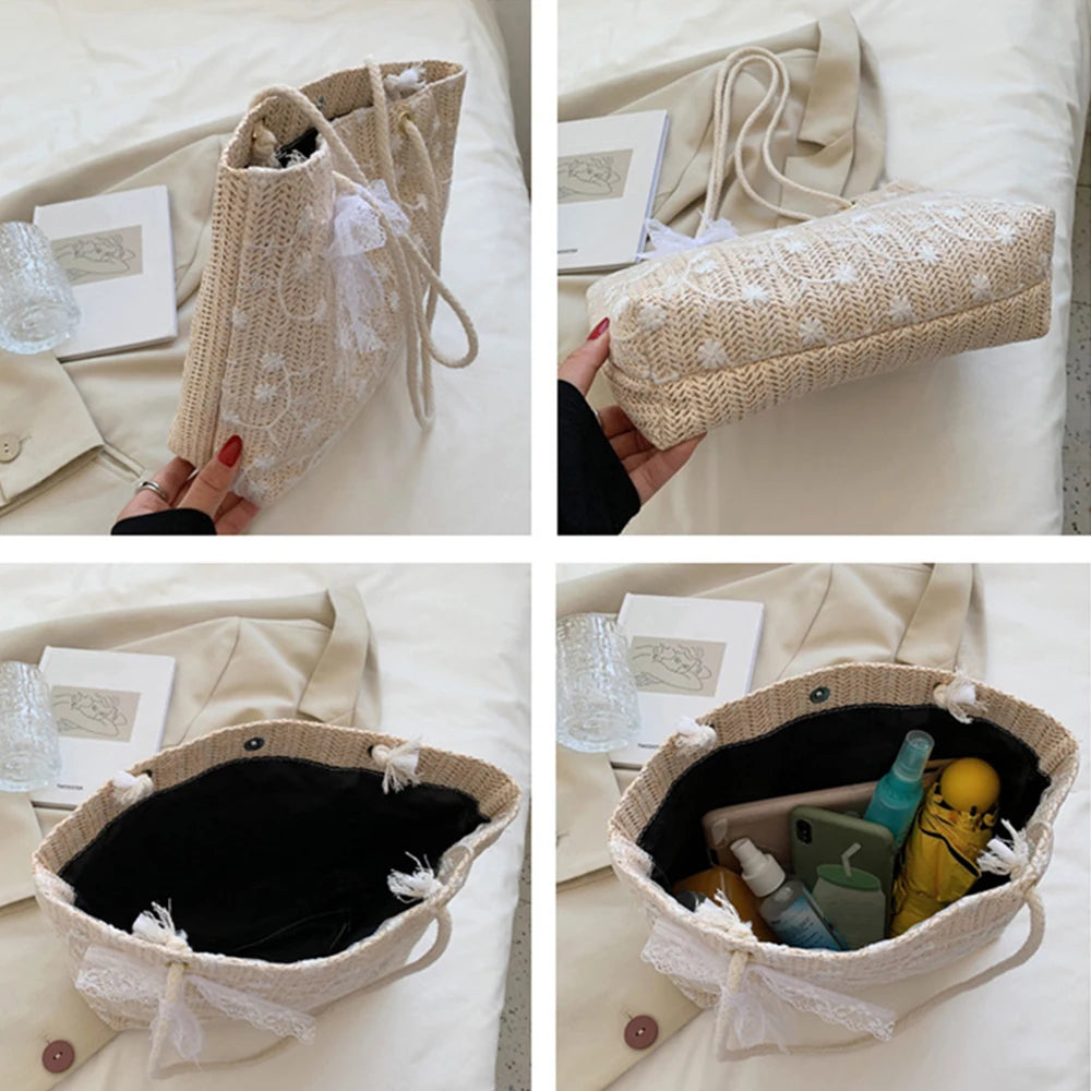 Travel Holiday Shoulder Lace Lace Lace Lace braided bag Large capacity beach bag Straw braided style handbag shoulder bag cmc