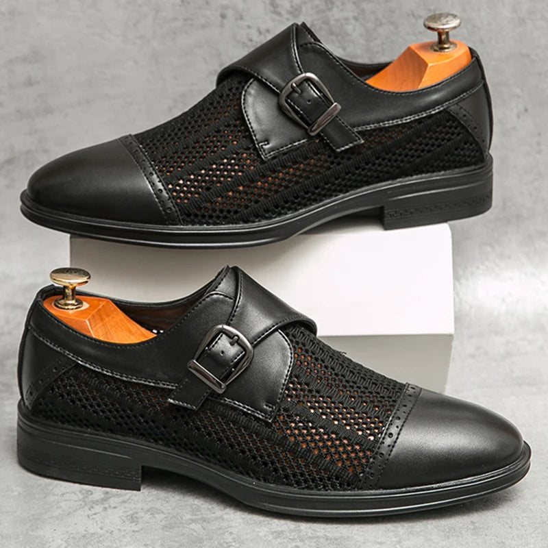 New Designer Men's Breathable Mesh Patchwork Patent Leather Shoes Male Summer Formal Wedding Dress Homecoming Monk Strap Loafers