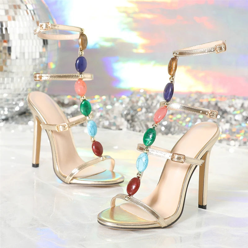 Liyke Bohemian Style Fashion Colour Gem Strap Designer High Heels Gladiator Sandals Women Summer Open Toe Wedding Banquet Shoes