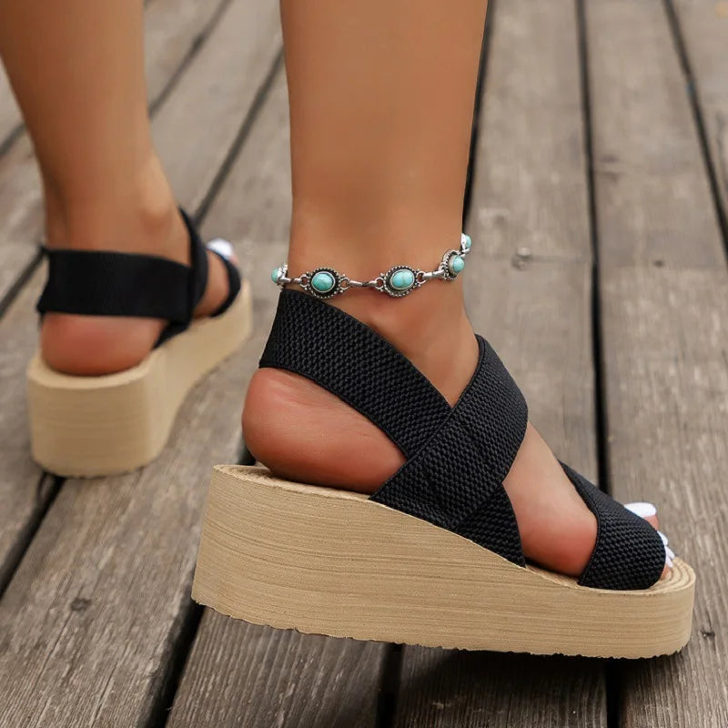 Women's Light Weight Wedge Sandals Open Toe Platform Thick Soled Summer Casual Slingback Shoes with Back Strap Leisure Footwear