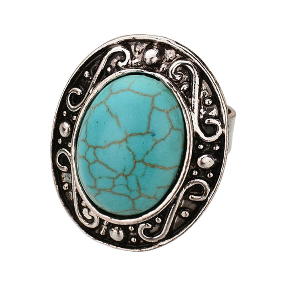 Vintage Silvery Turquoise Rings for Women Boho Tibet Ethnic Tribal Afghan Pakistan Indian Gypsy Men's Green Stone Retro Jewelry