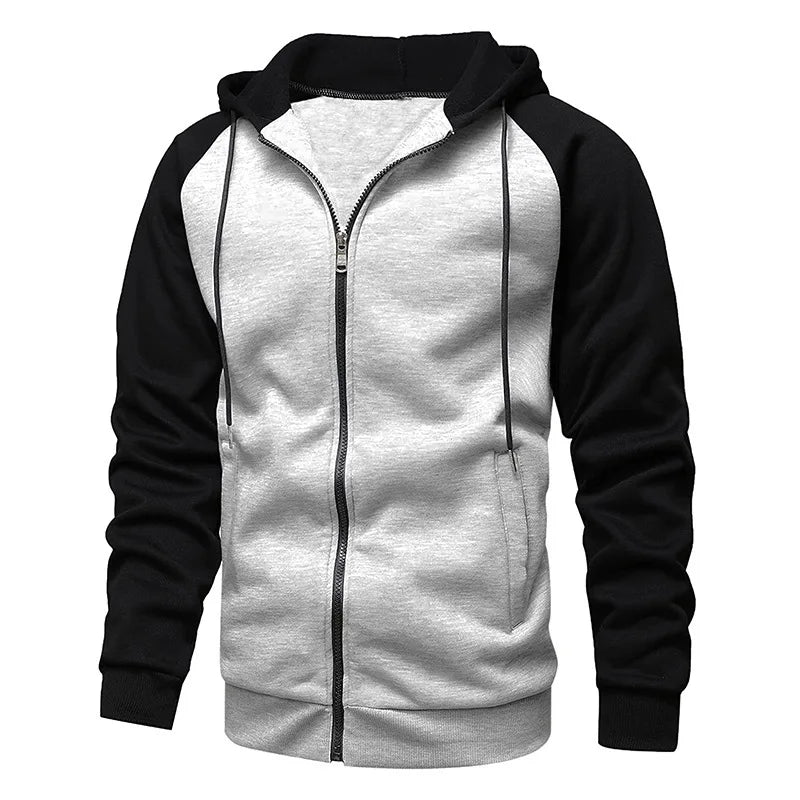 New Men's Zip-Up Color Block Hoodie with Casual Stylish & Durable Fall/Winter Top Raglan Sleeves Hoodies Sweatshirt Male