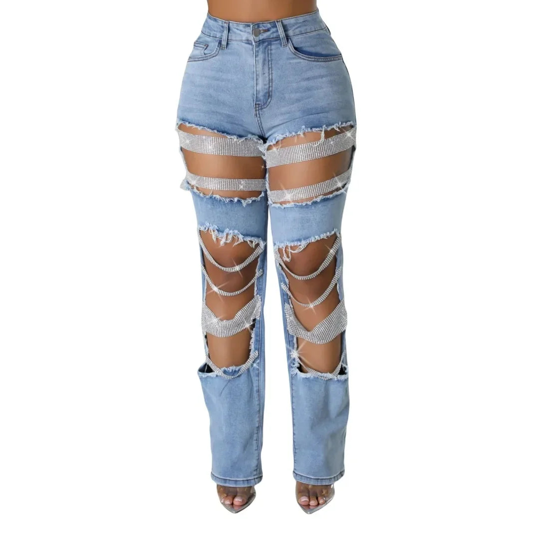 Spice Girl Summer Pants Ripped Heavy Industry Beaded Elastic Trousers Fashion Personality Jeans