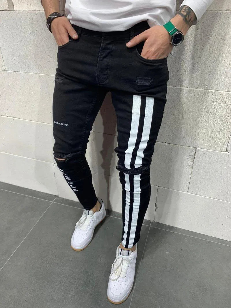 Mens Distressed Pleated Knee Patch Painted Stretch Skinny Jeans Ripped Denim Pants Brand Hip Hop Black Casual Trousers for men