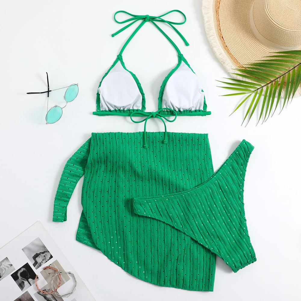 Summer Halter Bikini 3 Pieces Women Special Material Sexy Thong Swimwear With Sarong Skirt White/Black/Pink/Green Beachwear