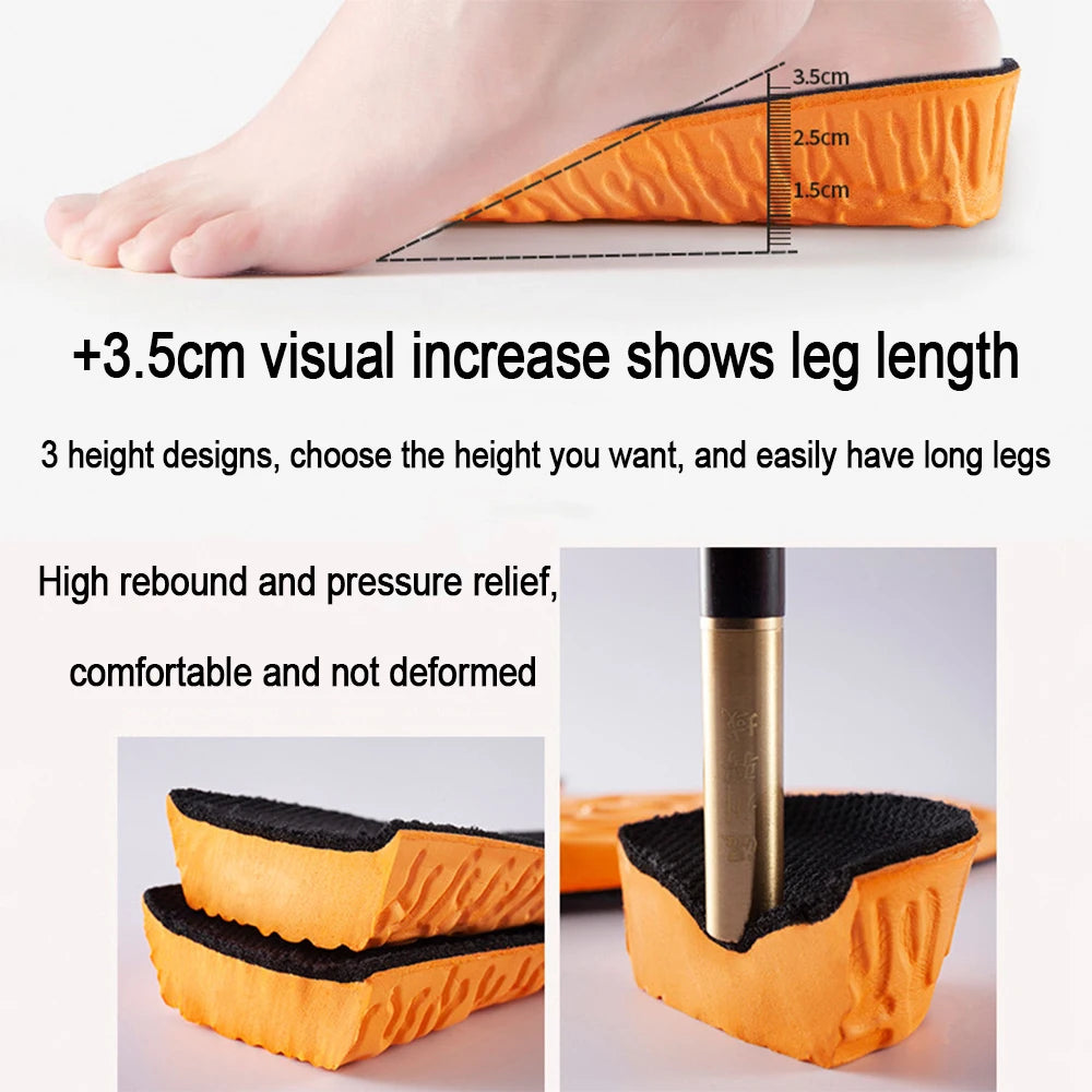 1.5-3.5cm Invisible Height Increase Sport Insoles Orange EVA Memory Foam Shoes Sole Pad Breathable Comfortable for Men Feet Care