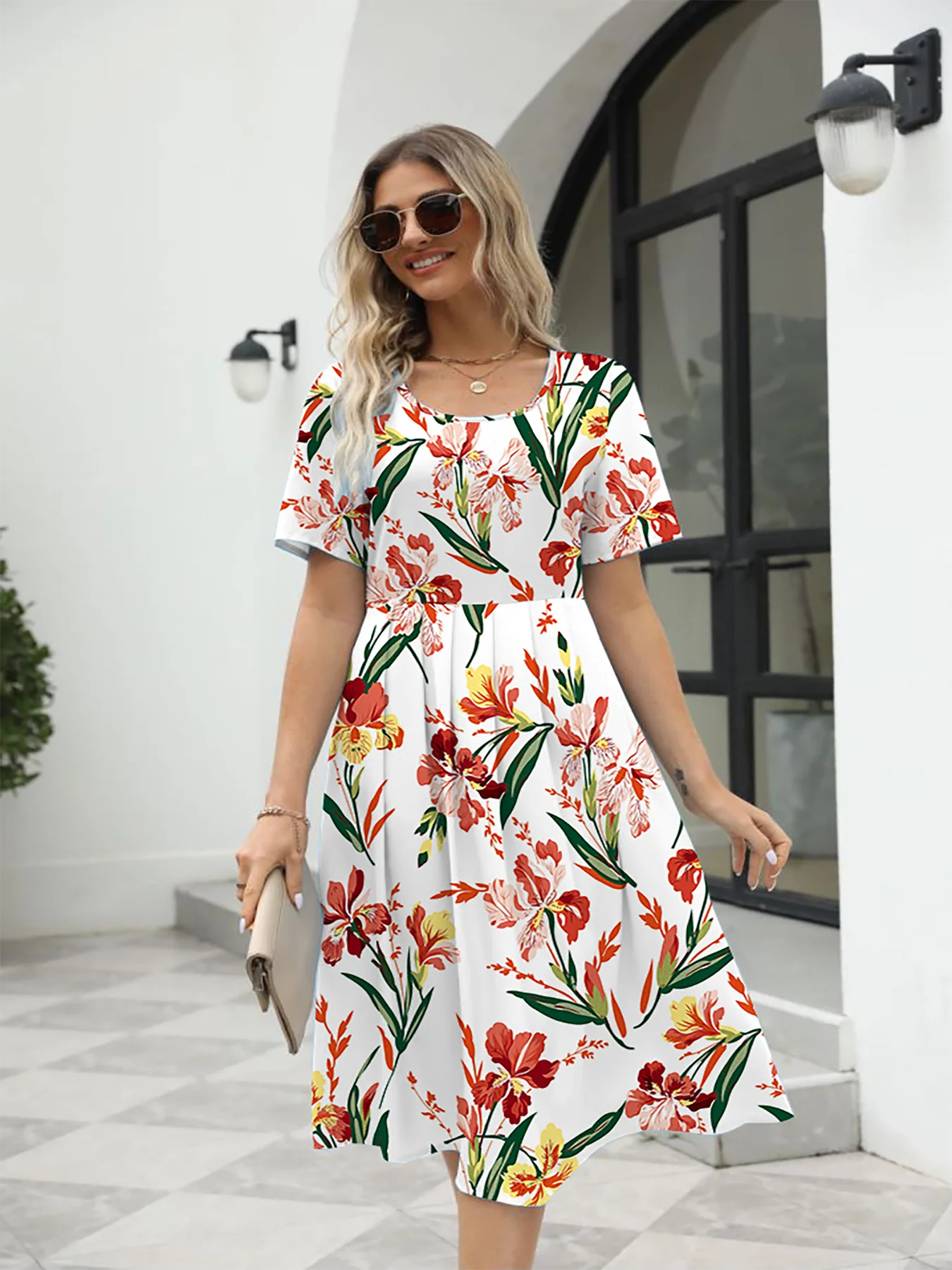 2025 summer new! Ladies fashion elegant printed crew neck short sleeve zipper dress for EU-USA summer