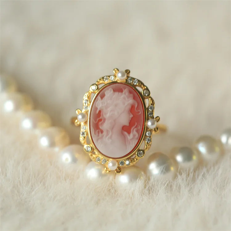 s925Silver Inlaid German Cameo Agate Relief Silver Ring Gift for Girlfriend Holiday Present