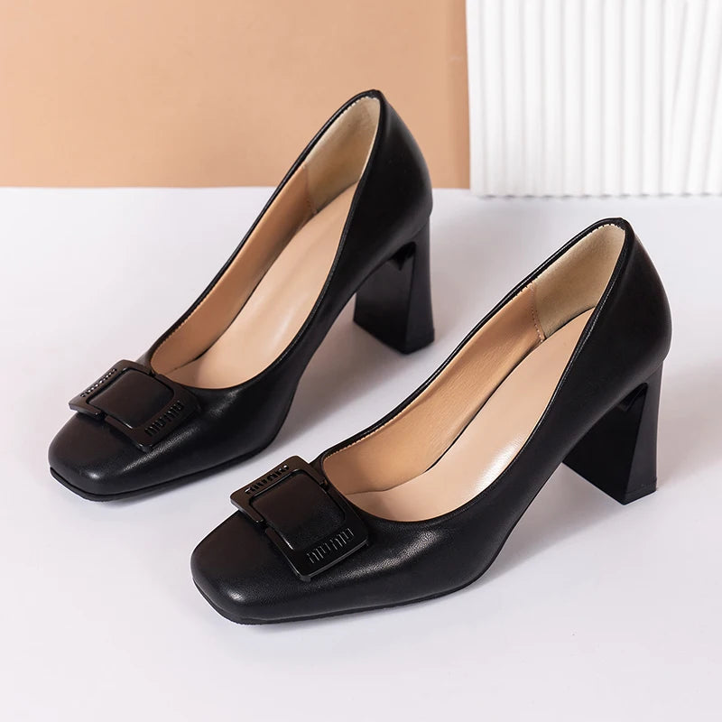 Spring new square head thick heels women's shallow mouth buckle single shoes professional shoes high heels