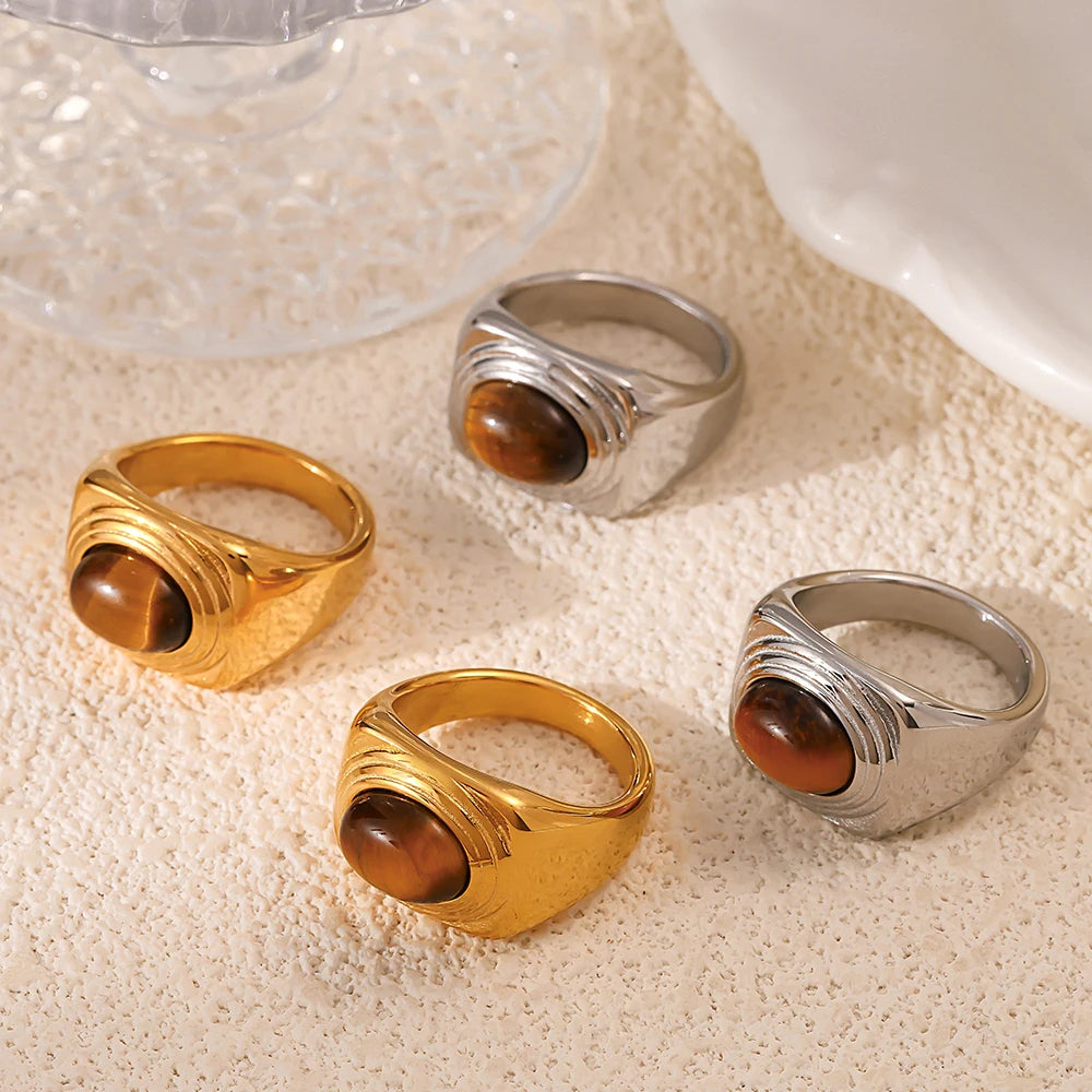 Nivora Stainless Steel Vintage Rings For Women Shiny Tiger's Eye Stone Cocktail Rings Women No Tarnish Jewelry Gifts