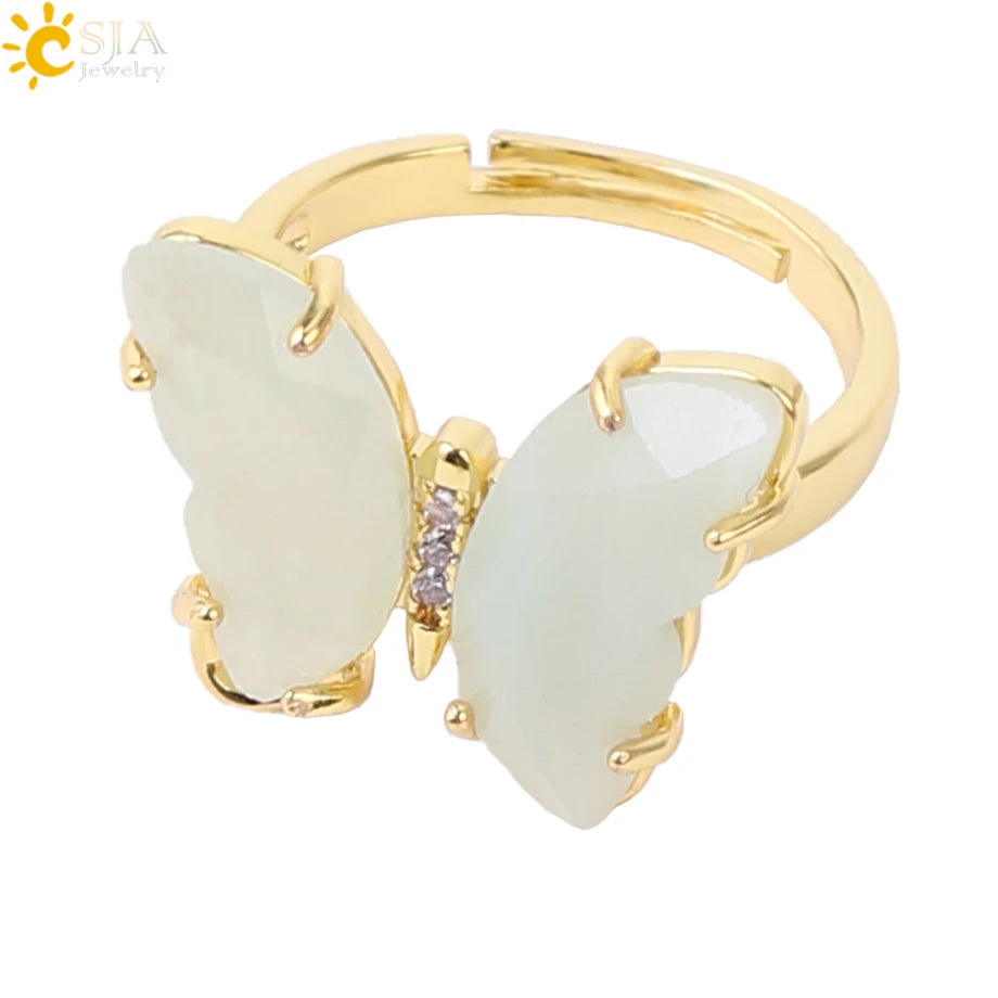 Gold Color Crystal Ring Natural Gemstone Butterfly Rings for Women Amethysts Lapis Lazui Pink Quartz Adjustable Engagement H125