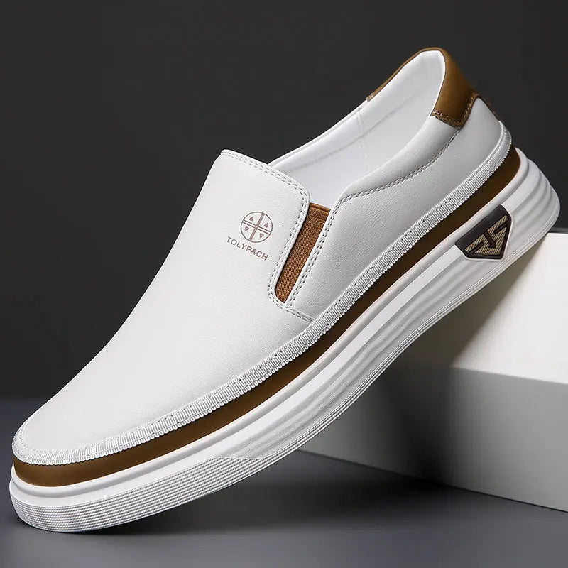 New 2025 Men's Genuine Leather Casual Sneakers Spring Summer Fashion Slip-On White Shoes Soft Sole Comfortable for Everyday Wear